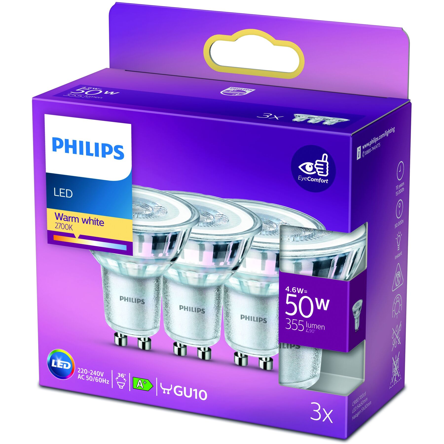 Lampadine Philips Vetro GU10 4.6 W - Colore: bianco - Materiale: Bicchiere - LED - Colore chiaro: Bianco extra caldo - Lampadine LED