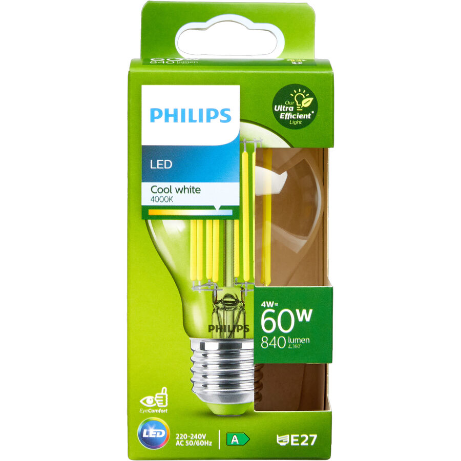 Philips Philips Classic lampada LED ultraefficiente con classe di efficienza energetica A, sostituisce 60W, base E27, trasparente, bianc