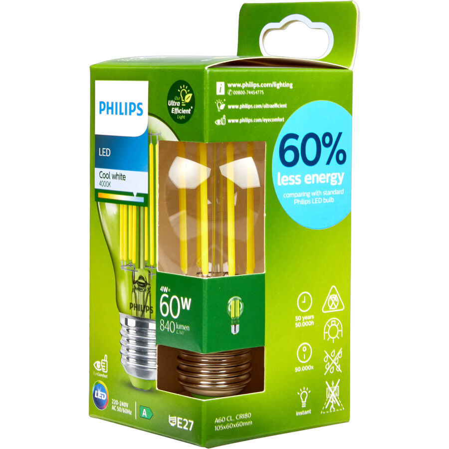 Philips Philips Classic lampada LED ultraefficiente con classe di efficienza energetica A, sostituisce 60W, base E27, trasparente, bianc