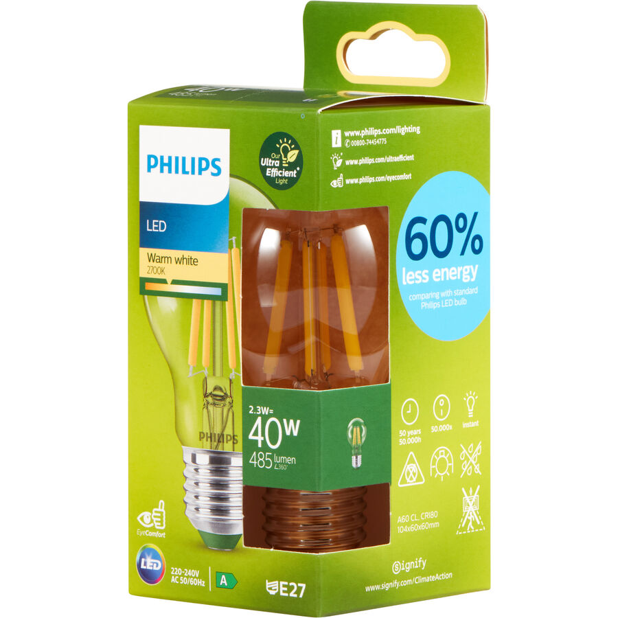 Philips Philips Classic lampada LED ultraefficiente con classe di efficienza energetica A, sostituisce 40W, base E27, trasparente, bianc