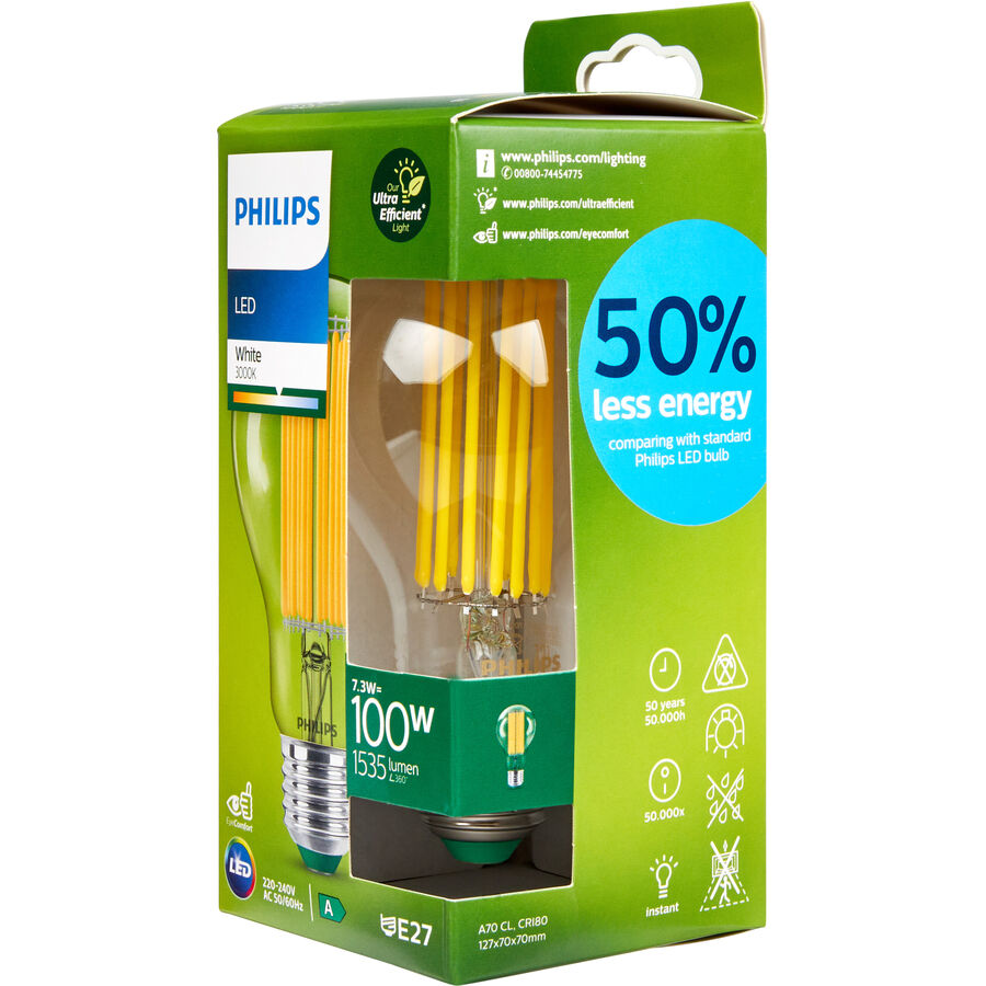 Philips Philips Classic lampada LED ultraefficiente con classe di efficienza energetica A, sostituisce 100W, base E27, trasparente, bian