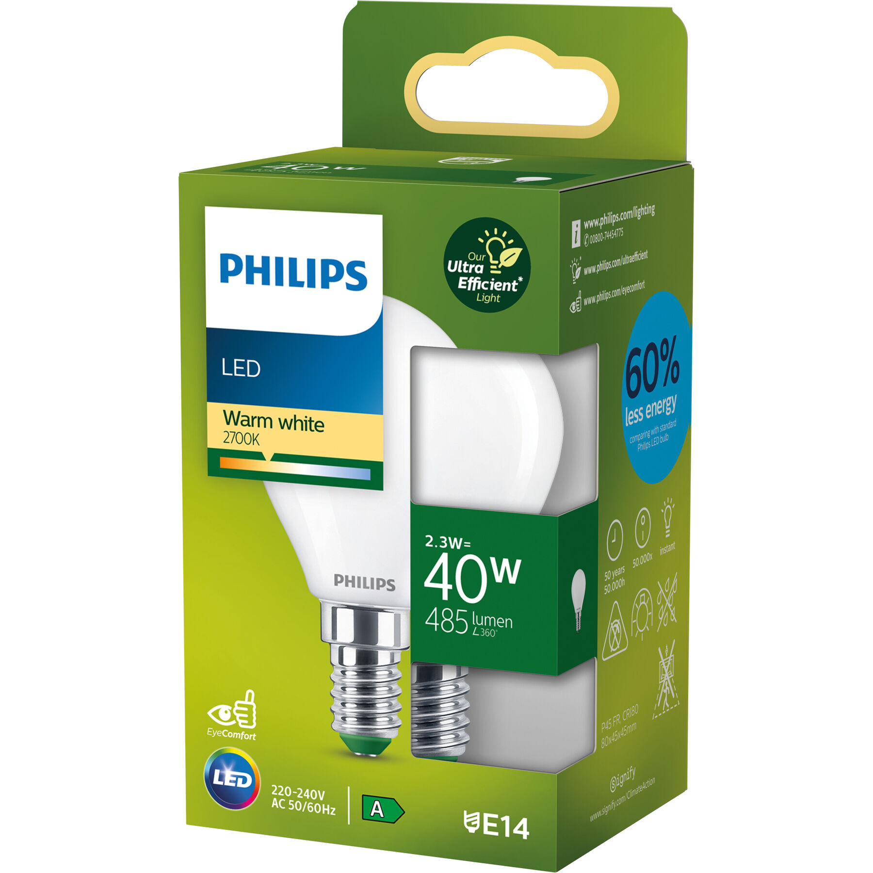 Lampadine Philips Vetro E14 2.3 W - Colore: Bianco opaco - Materiale: Bicchiere - Colore chiaro: Bianco extra caldo
