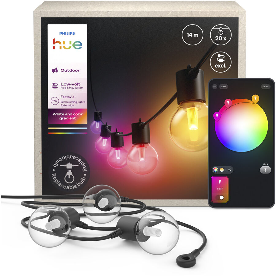 Philips Hue Hue Festavia Globe Outdoor Lichterkette, 14 m Erweiterung - Farbe: schwarz - Material: Synthetik - LED - LED Leuchtmittel