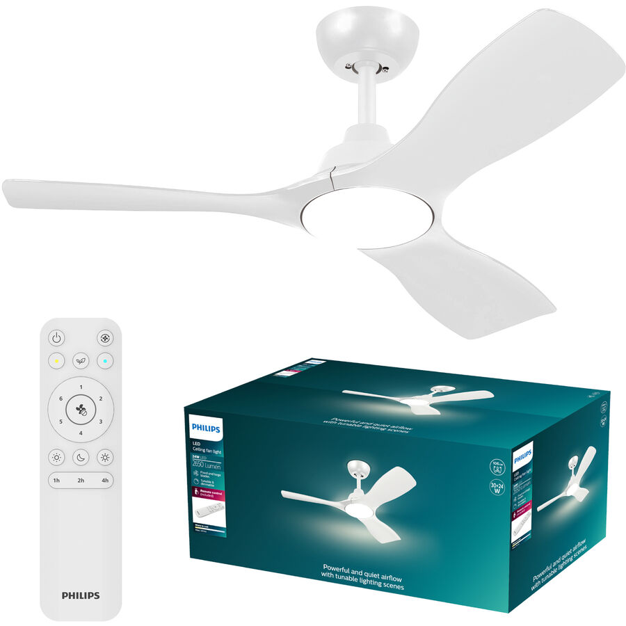 Deckenventilator mit Licht Olas Philips Metall weiss 30W Ventilator + 24W Deckenlampe